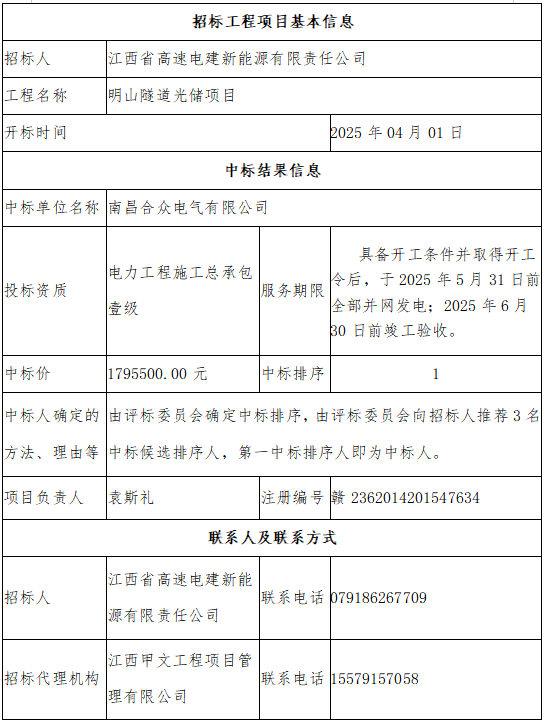 明山隧道光储项目中标结果公示