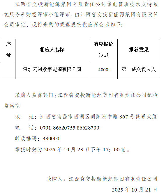 江西省交投新能源集团有限责任公司售电资质技术支持系统服务采购成交候选人公示