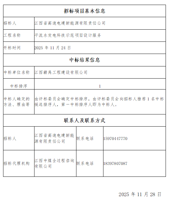 平流水发电科技示范项目设计服务中标结果公示