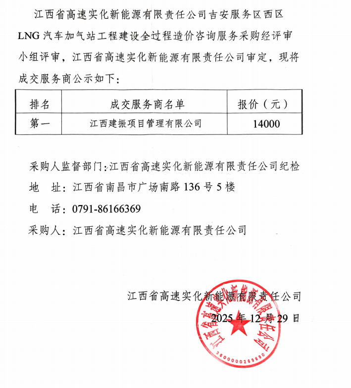江西省高速实化新能源有限责任公司吉安服务区西区LNG汽车加气站工程建设全过程造价咨询服务成交服务商公示