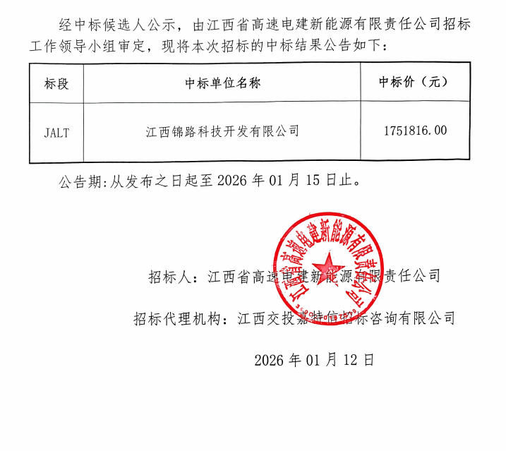 吉安零碳服务区智慧管控系统服务采购项目招标中标结果公告