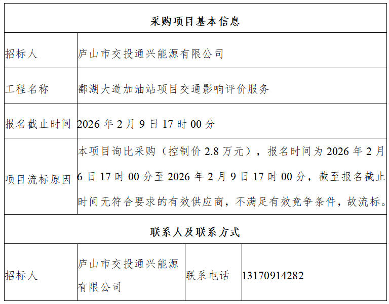 庐山市交投通兴能源有限公司鄱湖大道加油站项目交通影响评价服务采购流标结果公示