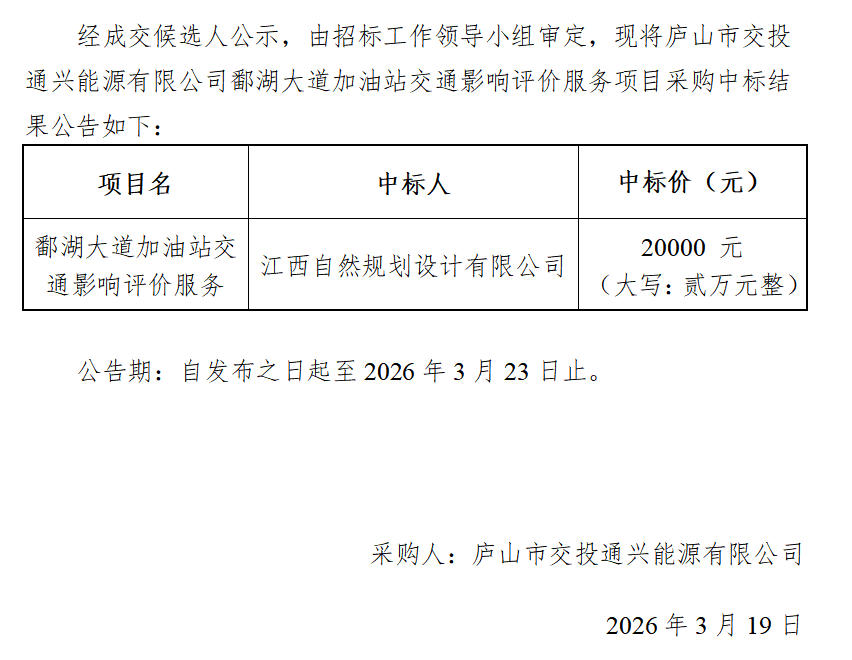 庐山市交投通兴能源有限公司鄱湖大道加油站交通影响评价服务项目采购中标结果公告