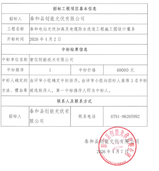 泰和电站光伏加高及电缆防水改造工程施工图设计服务中标结果公示