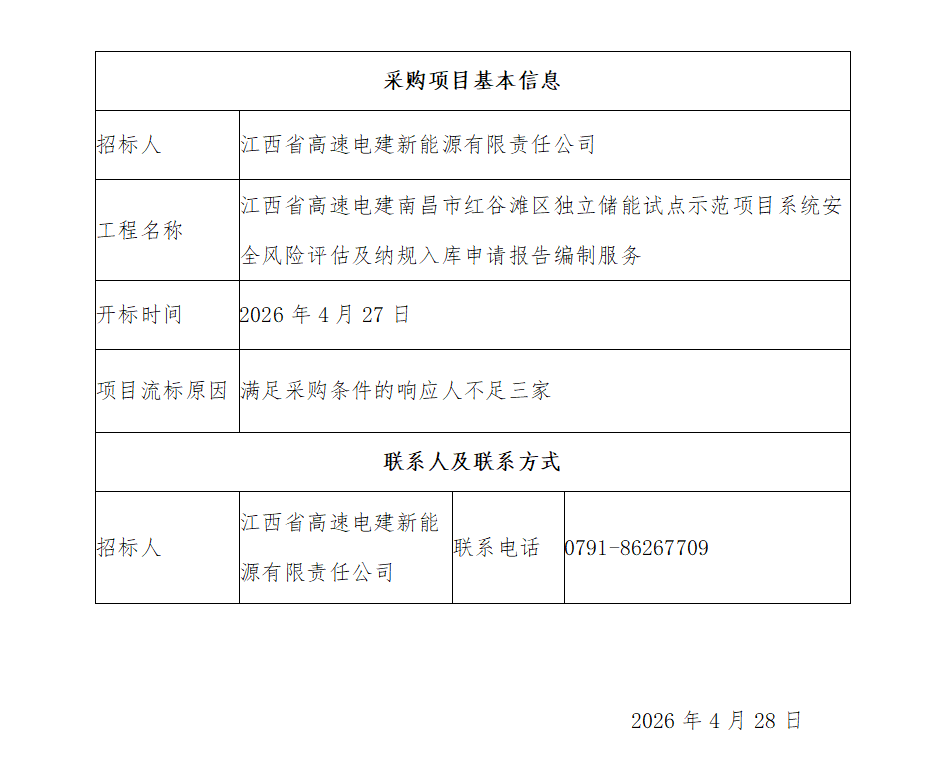 江西省高速电建南昌市红谷滩区独立储能试点示范项目系统安全风险评估及纳规入库申请报告编制服务流标结果公示