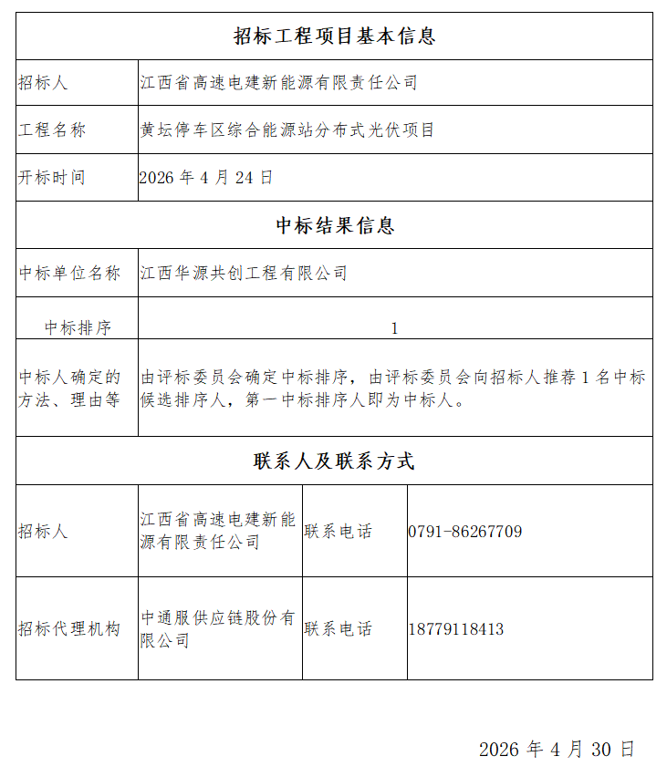 黄坛停车区综合能源站分布式光伏项目中标结果公示