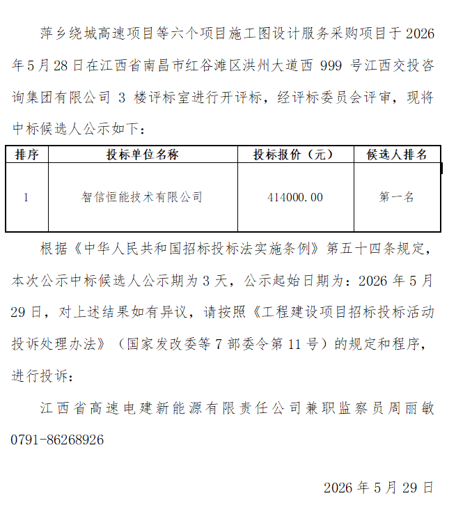 萍乡绕城高速项目等六个项目施工图设计服务采购项目中标候选人公示